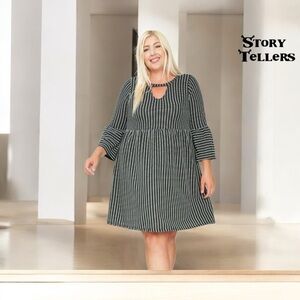 Story Tellers, Plus Size Midi Dress With 3/4 Bell Sleeves, 1X, Black & White